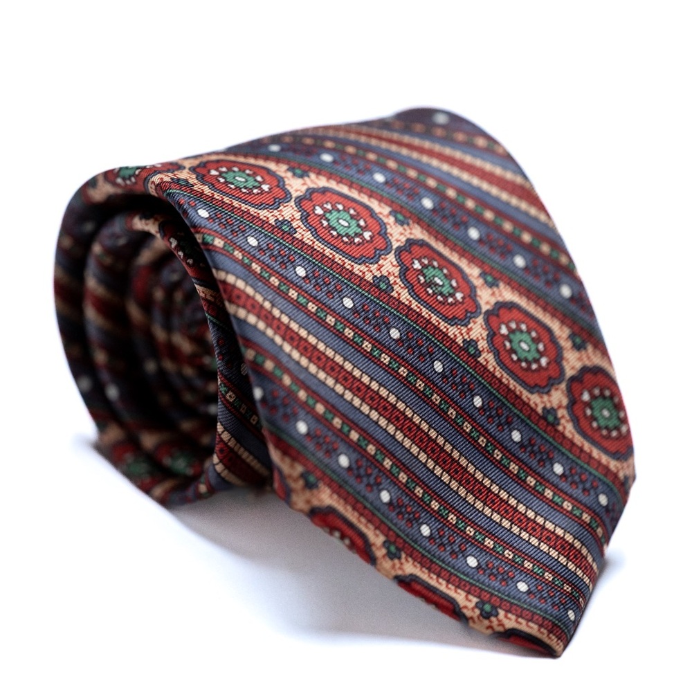 NWT Vintage Tricel Rust, Gold, and Gray Patterned Necktie with weighted seal